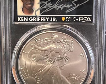 2025 P Ken Griffey Jr Signed American Silver Eagle • Legends of Life, First Day of Issue Label • PSA Authentic Autograph, Graded PCGS MS70