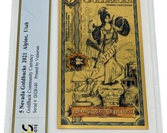 2021 Nevada 5 GOLDBACKS • 1/200 oz Fine Gold (99.9% Pure) • Fractional Gold Currency • Graded Superb Gem Uncirculated, PCGS Banknote 69 PPQ