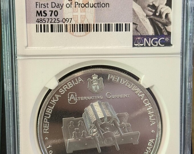 2018 Serbia 100 Dinars • Nikola Tesla Alternating Current Coin • 1 oz Fine Silver (99.9% Pure) • First Day of Production Label • NGC MS70