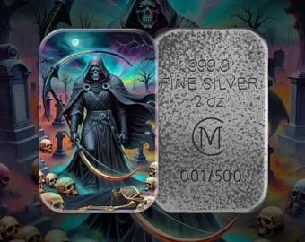 Grim Reaper Colorized Silver Cast Bar • 2 oz Pure Silver (.9999 Fine) • 2024 Carpathian Mint, Minted in Poland • Limited Mintage #398/500