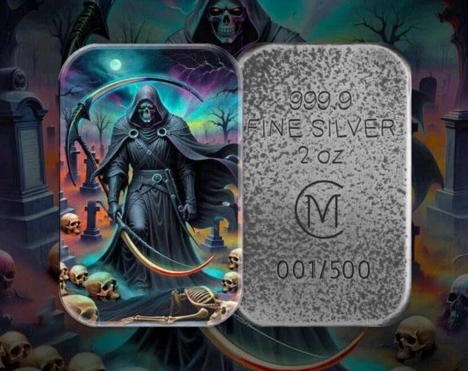 Grim Reaper Colorized Silver Cast Bar • 2 oz Pure Silver (.9999 Fine) • 2024 Carpathian Mint, Minted in Poland • Limited Mintage #398/500