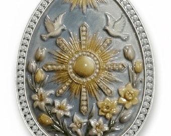 Pure Silver White Dove, Sun & Flowers Themed Art Bar • Colorized Egg Shaped Round • 2 Grams Pure Silver (.999 Fine)