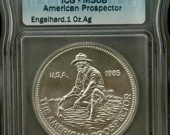 1985 Engelhard American Prospector Vintage Silver Round • 1 oz Fine Silver (99.9% Pure) • Eagle Reverse • Graded ICG MS68