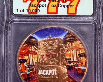 Las Vegas Slot Machine Jackpot 777 Lucky Casino Token • 1 oz Fine (.999) Colorized Copper Coin • Limited Mintage of 10,000 • Graded ICG MS70