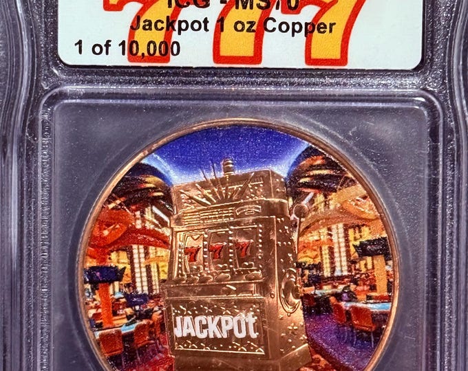 Las Vegas Slot Machine Jackpot 777 Lucky Casino Token • 1 oz Fine (.999) Colorized Copper Coin • Limited Mintage of 10,000 • Graded ICG MS70