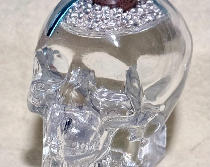 SHOT FOR BRAINS • 0.5oz Pure Silver Shot in a Hand Blown Glass Skeleton Skull • 1/2 Oz Fractional Silver (.999 Fine) with Cork Stopper