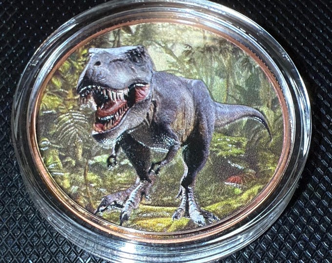 Jurassic Park T-Rex Dinosaur 3D Ultra High Relief Coin • 1 oz Pure Copper Colorized Round (.999 Fine) • Clear Protective Airtight Capsule