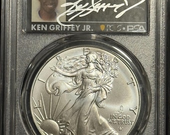 2025 P Eagle Privy Silver Eagle • Legends of Life, First Strike, Ken Griffey Jr Signed Label • Graded PSA PCGS MS70 • Total Population of 5