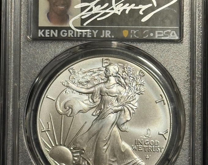 2025 P Eagle Privy Silver Eagle • Legends of Life, First Strike, Ken Griffey Jr Signed Label • Graded PSA PCGS MS70 • Total Population of 5