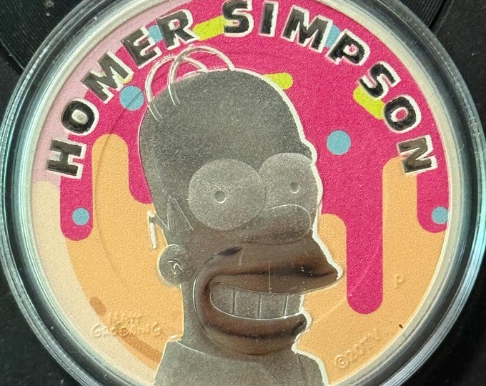 2022 Tuvalu Homer Simpson Colorized Silver Dollar Coin • 1 oz Fine Silver Round (99.99% Pure) • Perth Mint • In Protective Acrylic Capsule