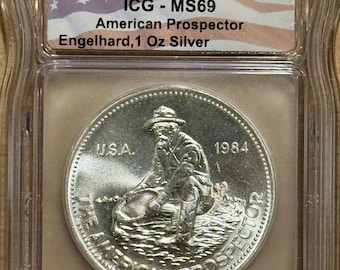 1984 Engelhard American Prospector, Eagle Reverse • 1 oz Pure Silver Round (.999 Fine) • Flag Label, Graded ICG MS69
