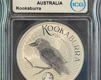 2025 P Australia Kookaburra Silver Dollar with 1990 Privy • 1 oz Fine Silver (99.99% Pure) • 35th Anniversary • Graded ICG MS70