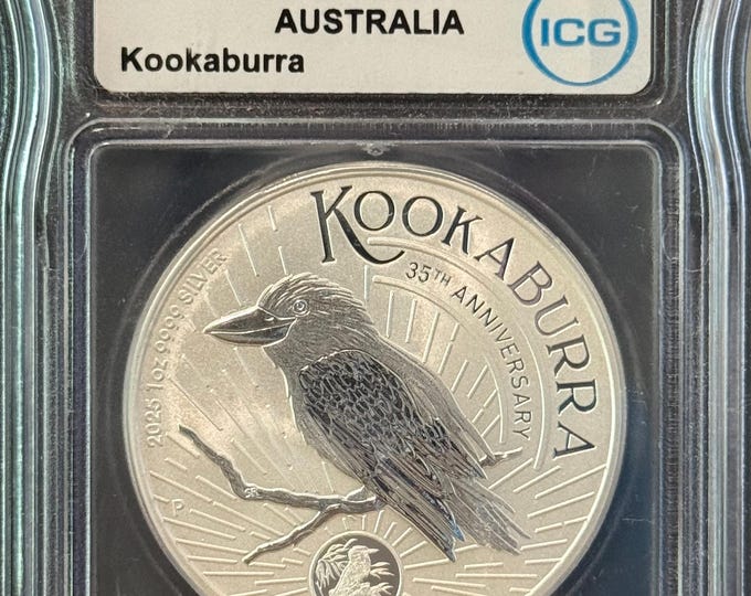 2025 P Australia Kookaburra Silver Dollar with 1990 Privy • 1 oz Fine Silver (99.99% Pure) • 35th Anniversary • Graded ICG MS70