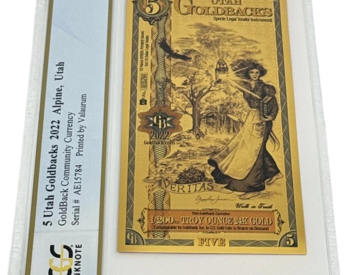2022 Utah 5 GOLDBACKS • 1/200oz Fine Gold • 99.9% Pure Fractional Currency Note 24K • Graded Supreme Gem Uncirculated, PCGS Banknote 70 PPQ