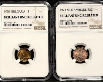 SET OF 2 • NGC Graded World Coins • 1951 Bulgaria 1 Stotinka Brass Coin + 1973 Mozambique 20 Centavos Bronze Coin • Brilliant Uncirculated