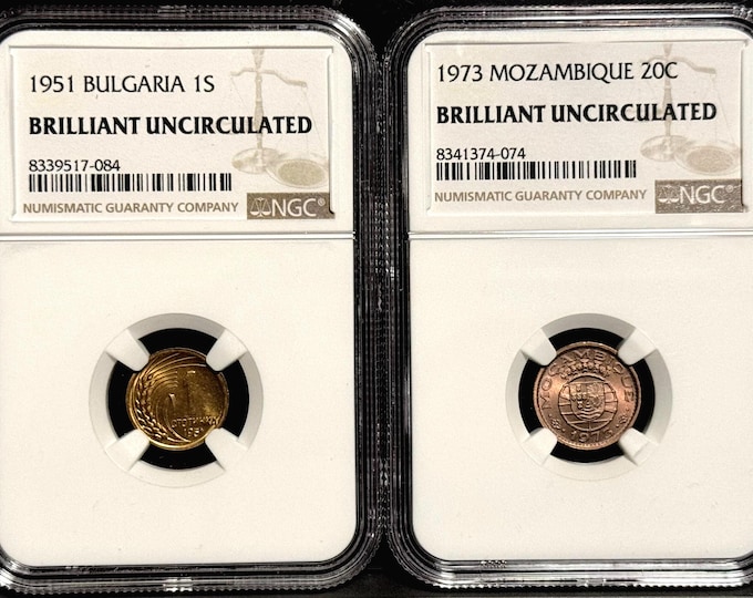 SET OF 2 • NGC Graded World Coins • 1951 Bulgaria 1 Stotinka Brass Coin + 1973 Mozambique 20 Centavos Bronze Coin • Brilliant Uncirculated