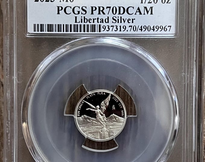 2023 Mexico Libertad 1/20 Onza Proof Coin • 1/20 oz Pure Silver (.999 Fine) • First Day of Issue Flag Label • Graded NGC PF70 Deep Cameo