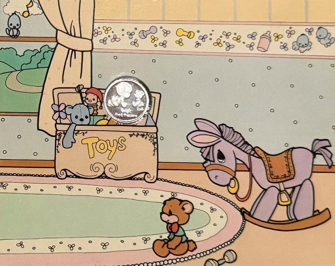 Vintage Precious Moments Baby’s First Treasure • 1/10 oz Pure Silver Round Coin (.999 Fine) • Colorful New Baby Shower Gift Card