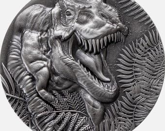 Jurassic Life T-Rex Dinosaur Silver Coin • 2 oz Pure Silver (.999 Fine) • 2025 Liberia • Antiqued Ultra High Relief • Limited Mintage #41/99