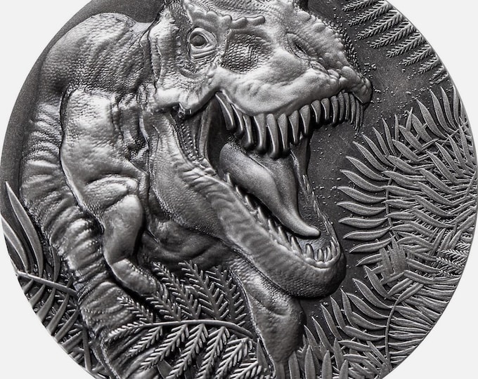 2025 Liberia 20 Dollar Coin • Jurassic Life T-Rex Ultra High Relief Antiqued • 2 oz Pure Silver (.999 Fine) • Very Limited Mintage #041/099