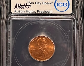 1996 Lincoln Memorial Penny, One Cent • Broadstrike Mint Error • Hutto Signed Sin City Hoard Label • ICG Broadstruck, Brilliant Uncirculated