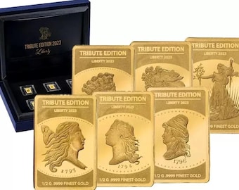 SET OF 6 Fine Gold Bars (99.99% Pure, 1/2 Gram x6) • Tribute Ed Flowing Hair Walking Lady Liberty Capped Bust Indian • 2023 Solomon Islands