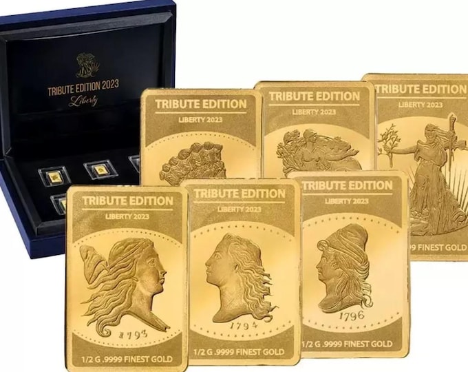 SET OF 6 Fine Gold Bars (99.99% Pure, 1/2 Gram x6) • Tribute Ed Flowing Hair Walking Lady Liberty Capped Bust Indian • 2023 Solomon Islands