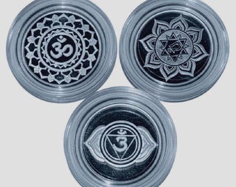 SET OF 3 Chakra Symbol Silver Rounds, 15mm • Third Eye, Heart & Crown Chakras in Premium Capsules • 1 Gram Pure Silver (.999 Fine)