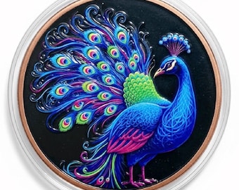 Mystic Nights Neon Peacock 5 oz Pure Copper Round (.999 Fine) • Colorized Copper in Capsule • Limited Mintage #4926/5000