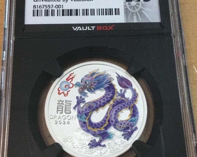 2024 P125 Australia S50C • Lunar Year of the Dragon, Purple Tail Up • Unvaulted by Vaultbox Label • 1/2 oz Fine Silver • NGCX Mint State 9.9