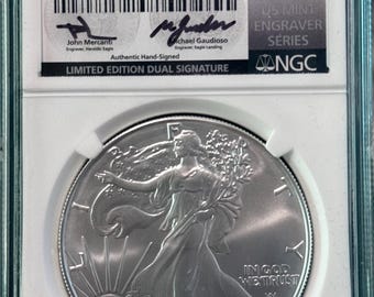 2024 P American Silver Eagle with Star Privy • First Day of Issue, Engraver Series Dual Signature Label (Mercanti & Gaudioso) • NGC MS70