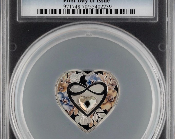 Brilliant Love - Infinity • 20g Fine Silver + Heart Shaped Crystal • 2025 Cook Islands • First Day of Issue Label • Graded PCGS PR70 DCAM