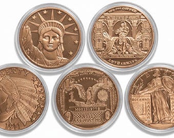 SET OF 5 • 1 oz Pure Copper Rounds in Capsules (.999 Fine) • Mixed Designs