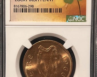 1966 Ireland Lucky Irish Penny • Harp, Hen & Chicks Uncirculated Bronze Coin • Four Leaf Clover Slab Label • Graded NGC Genuine