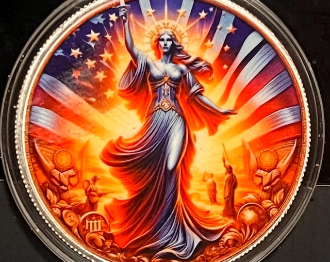 2024 USA Lady Justice Bald Eagle Silver Round in Capsule • 1 oz Pure Silver Round Colorized (.999 Fine) • Limited Mintage of 150