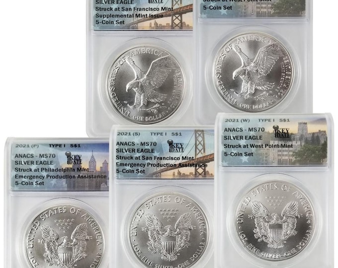 5 Coin Complete Set • 2021 S W P Silver Eagles, Type 1 & 2 • KEY DATE Label • Emergency + Supplemental Versions • Graded ANACS MS70