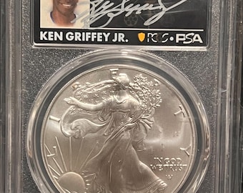 2021 P Legends of Life American Silver Eagle T-2 Type 2 • PSA Authentic Ken Griffey Jr Autograph, First Production Label • Graded PCGS MS70