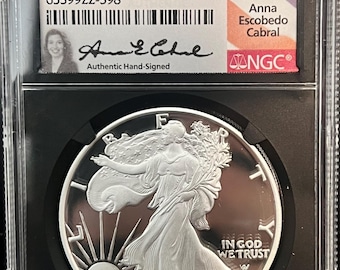 2021 W Burnished Silver Eagle Landing T-2 Type 2 Proof • Treasurer Anna Escobedo Cabral Signed Label • Graded NGC PF70 Ultra Cameo