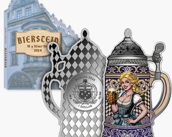 German Bierstein Beer Stein Shaped Proof-like Oktoberfest Coin in Capsule • 10 Grams Fine Silver (99.9% Pure) • 2024 Samoa 1 Dollar