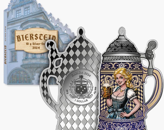 German Bierstein Beer Stein Shaped Proof-like Oktoberfest Coin in Capsule • 10 Grams Fine Silver (99.9% Pure) • 2024 Samoa 1 Dollar