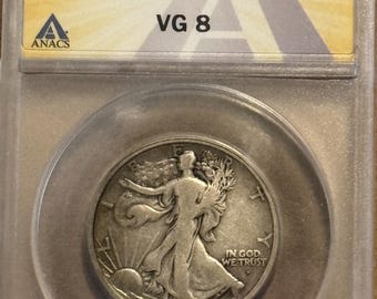 1917 D Obverse Walking Liberty Half Dollar 50c • Semi-Key Date • Denver Mint • 90% Silver Type Coin • Graded ANACS VG8