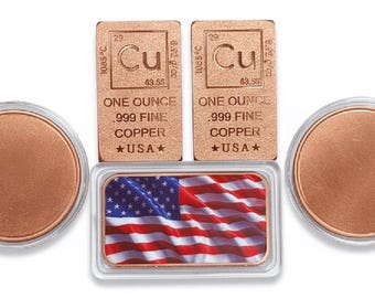 SET OF 5 • 1 oz Pure Copper Bars & Rounds (.999 Fine) • 1 Colorized American Flag + 2 Element Bars + 2 Blank Rounds
