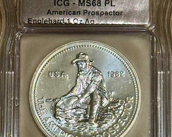1982 Engelhard American Prospector, Big E Reverse • 1 oz Pure Silver Round (.999 Fine) •  Graded ICG MS68 PL (Proof-Like)