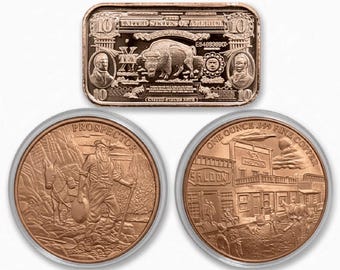 SET OF 3 • (2) Pure Copper Prospectors in Capsules + (1) Solid Copper Buffalo Bar • 1 oz Fine Copper (.999 Fine) Each Piece
