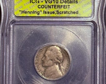 1944 Genuine Henning Nickel • No P Mint Mark • Graded ICG VG10 Details (Scratched)