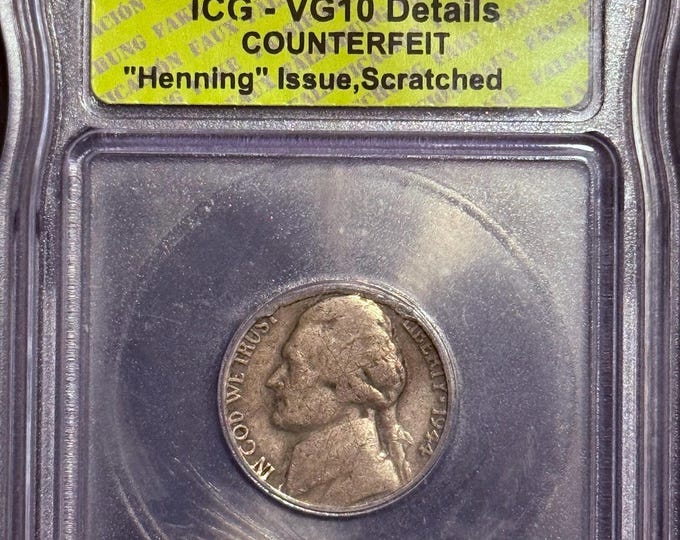 Featured listing image: 1944 Genuine Henning Nickel • No P Mint Mark • Graded ICG VG10 Details (Scratched)