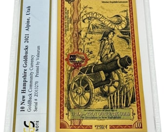 2021 New Hampshire 10 GOLDBACKS • 1/100oz Fine Gold Fractional Currency (99.9% Pure) • Graded Supreme Gem Uncirculated, PCGS Banknote 70 PPQ