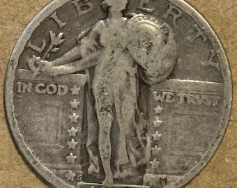 1927 S Standing Liberty Quarter 25c • KEY DATE • 90% Silver Type Coin • Ungraded VG (Very Good)