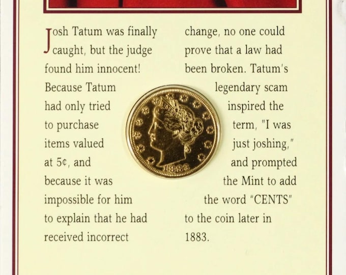The World Famous 1883 Racketeer Nickel • Gold Plated Liberty Head V Nickel (No Cents, Type 1) • Vintage 1994 Littleton Coin Story Card