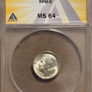 May include: A silver 1948-S/S 10C dime coin encapsulated in a clear plastic ANACS slab. The label reads 1948-S/S 10C RPM-6 MS 64. The coin features the profile of Franklin D. Roosevelt with the word LIBERTY and the date 1948 visible on the face.